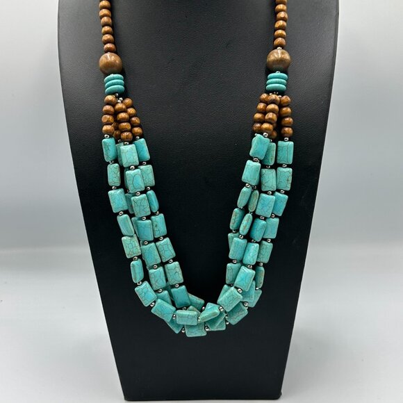 Faux Turquoise Beaded Necklace Wood Beads Multi Strand Statement Boho Western - Picture 5 of 11